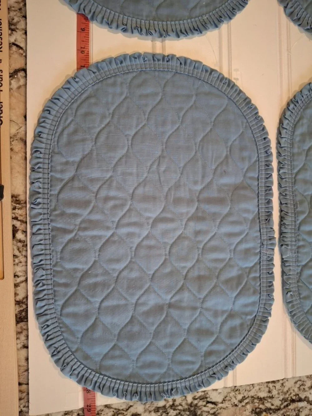 Set of 4 Blue Quilted Oval Placemats Ruffle Trim Farmhouse Cottage Chic